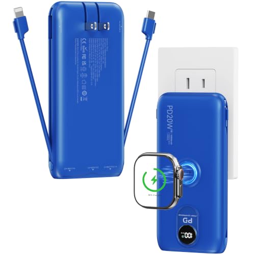 Portable Charger 10000mAh 20W, Wall Plug, 2 Cables, iWatch Charging - color: Sapphire Blue