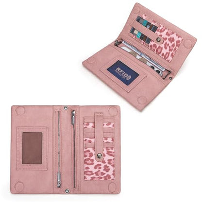 Montana West Wrangler Womens Wristlet Wallet RFID Blocking Bifold Clutch Credit Card Holder Purse with Crossbody Strap - color: B-Pink