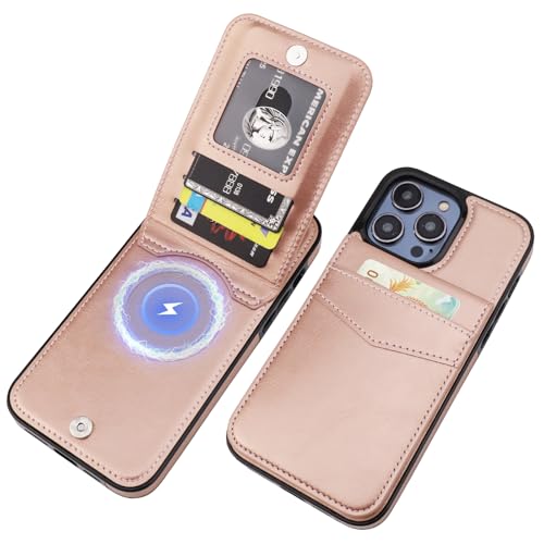 KIHUWEY for iPhone 14 Pro Max Wallet Case for MagSafe, Rose Gold | Card Holder, Wireless Charging, RFID, Flip PU Leather, Magnetic, Kickstand, Heavy Duty Protective - color: Magsafe for Rose Gold