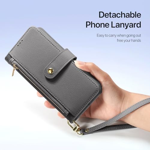 for iPhone 16 Pro Wallet Case, iPhone 16 Pro Case Wallet Gray | Compatible with Magsafe, RFID Blocking, Zipper Card Holder, PU Leather Flip Folio Case, Strap Wallet Case, Phone Kickstand - color: Gray, size: iPhone 16 Pro
