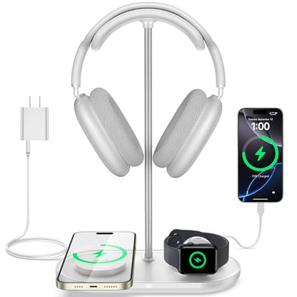 Headphone Stand with Wireless Charger, Holder for Airpods Max/iPhone/iWatch - color: Cream White