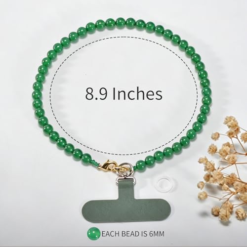Agate Beaded Phone Wrist Strap for Women Men Stone Beads Charm Handmade Cellphone Chain Lanyard with Tether Tab - color: Green-1, size: 6mm Beads