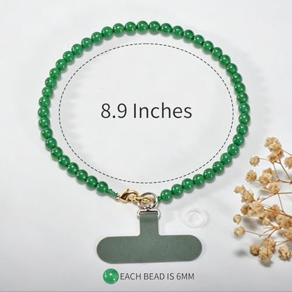 Agate Beaded Phone Wrist Strap for Women Men Stone Beads Charm Handmade Cellphone Chain Lanyard with Tether Tab - color: Green-1, size: 6mm Beads