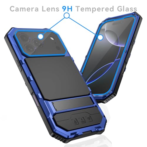 Simicoo Military Metal Heavy Duty Case Compatible with iPhone 17 Pro, Drop Protection Rugged Defender Metal Bumper Screws Phone Cover with Stand Gorilla Glass Camera Cover Full Body Dustproof Blue - color: Blue, size: iPhone 17 Pro