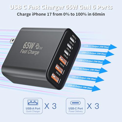 3 Pack 65W Apple USB C Charger Fast Charging,PD Power Adapter+ QC Wall Plug - color: Black, size: 3Pack