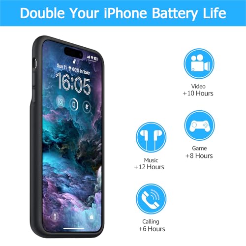 Battery Case for iPhone 16, [10000mAh] Enhanced Rechargeable Portable Protective Wireless Charger Case Battery Pack Support CarPlay Wireless Charging Case Compatible with iPhone 16 (6.1 inch)-Black - size: iPhone 16
