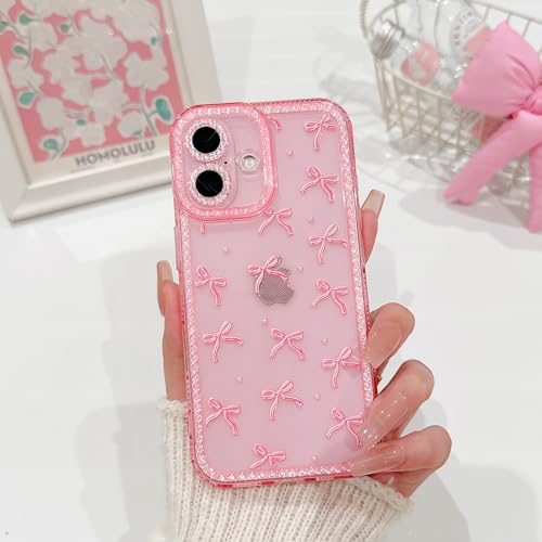 NITITOP Compatible with iPhone 16 Plus Case Cute Clear Pink Glitter Bow Knot Design Shiny Star Sparkle Bling Diamond Girls Women Soft TPU Shockproof Protective Phone Cover - Large Bow Heart - color: Large Bow Heart, size: iPhone 16 Plus