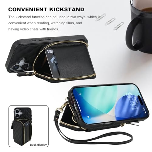 Bocasal Crossbody Wallet Case Card Holder for iPhone 17, Black | RFID Blocking PU Leather Zipper Handbag Purse, Kickstand Flip Folio Case with Card Slots Holder Wrist Strap Lanyard 6.3 Inch - color: Black