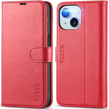 TUCCH Wallet Case for iPhone 15 (6.1") 2023, 4 Card Holders, Red | RFID Blocking, Viewing Stand, Shockproof TPU Shell, PU Leather, Magnetic Closure, Protective Folio Flip Cover - color: Red