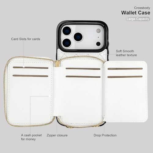Bocasal Crossbody Wallet Case Card Holder for iPhone 17 Pro Max White | RFID Blocking PU Leather Zipper Handbag Purse, Kickstand Flip Folio Case with Card Slots Holder Wrist Strap Lanyard 6.9 Inch - color: White