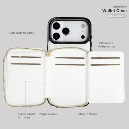 Bocasal Crossbody Wallet Case Card Holder for iPhone 17 Pro Max White | RFID Blocking PU Leather Zipper Handbag Purse, Kickstand Flip Folio Case with Card Slots Holder Wrist Strap Lanyard 6.9 Inch - color: White