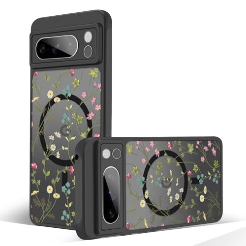 Magnetic Case for Google Pixel 8 Pro[Compatible with MagSafe] Cute Black Flower Floral Pattern Case for Women Girls Soft TPU Bumper Hard PC Back Anti-Fall Shockproof Protective Slim Cover A8 - color: Flower Branch 1, size: Google Pixel 8 Pro