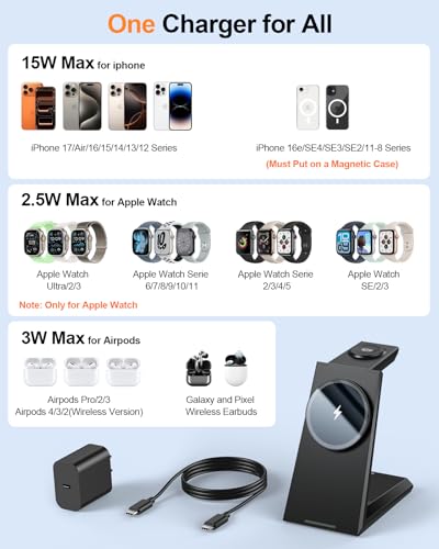 3 in 1 Magnetic Wireless Charging Station - 15W Fast Charging for iPhone 18 Pro Max/17/16/15/14/13/12, Compatible with MagSafe, for Apple Watch & AirPods, Auto-Dimming Indicator, Includes 30W Adapter - color: Black