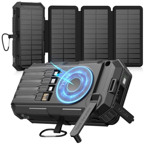 FEELLE Solar Power Bank 50000mAh Magnetic Portable Charger with Hand Crank - color: Black