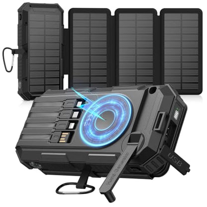 FEELLE Solar Power Bank 50000mAh Magnetic Portable Charger with Hand Crank - color: Black
