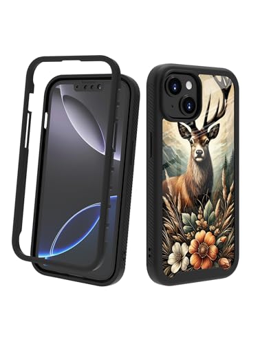 Compatible with iPhone 14 / iPhone 13 Case – Rugged Full-Body Protective Cover for Women Men Dual Layer Shockproof Bumper, Heavy-Duty Phone Case - Deer Flower Mountain 096 - color: Deer Flower Mountain 096