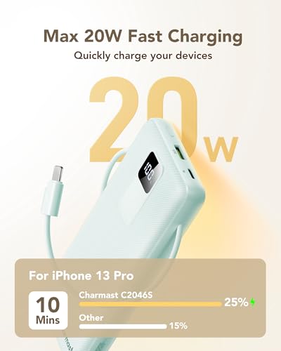 charmast 20000mAh Portable Charger with Built-in Cables and AC Wall Plug - color: cyan