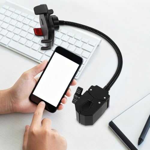 Black Metal Gooseneck Phone Clamp Mount for Desk and Kitchen