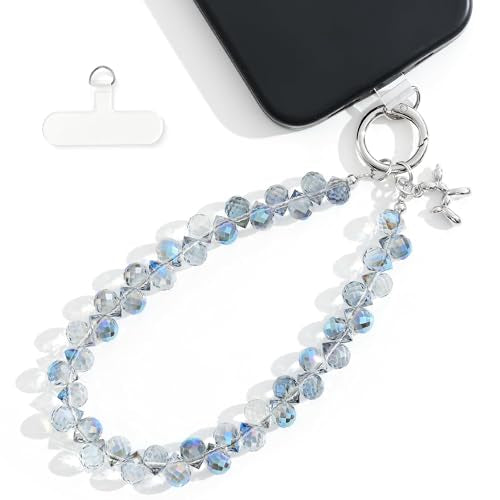 richginker Crystal Beaded Phone Wrist Strap with Tether Tab, Light Blue - color: Light Blue
