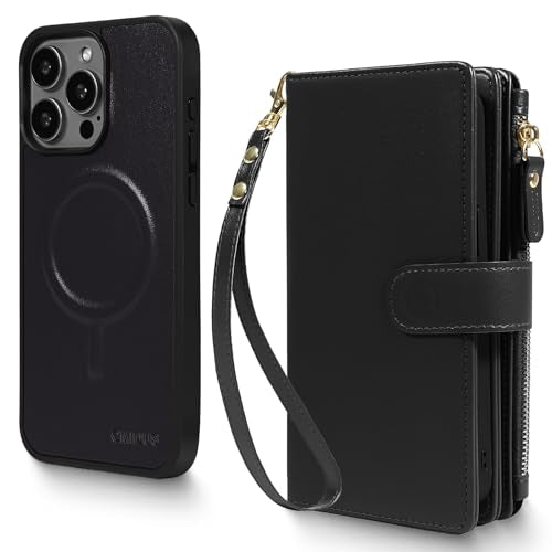 Magnetic Case for iPhone 16 Pro Max Wallet Compatible with Magsafe RFID Blocking Card Holder Detachable Phone Cover Kickstand Snap Strap Zipper Pocket PU Leather 6.9 inch 2024 (Black) - color: Black, size: iPhone 16 Pro Max