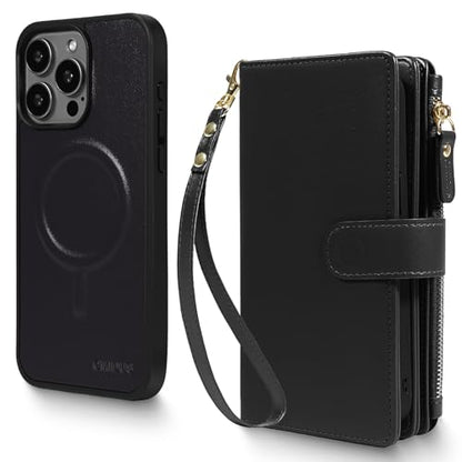 Magnetic Case for iPhone 16 Pro Max Wallet Compatible with Magsafe RFID Blocking Card Holder Detachable Phone Cover Kickstand Snap Strap Zipper Pocket PU Leather 6.9 inch 2024 (Black) - color: Black, size: iPhone 16 Pro Max