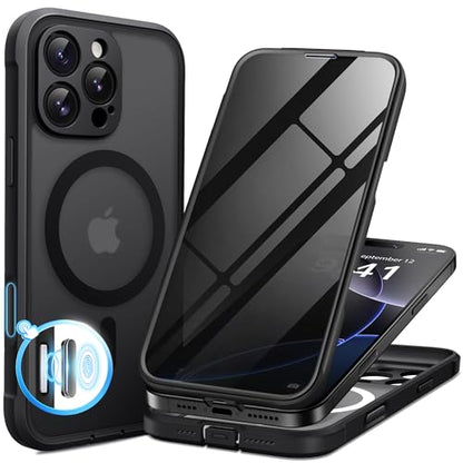 BERFY for iPhone 16 Pro Case, Compatible with MagSafe, Built-in Privacy Screen Protector, Camera Protection, Shockproof Full Body Phone Case 6.3", Translucent Black
