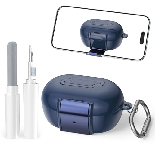 for Bose New QuietComfort Earbuds Case (2024), TPU Protective Cover with Phone Holder Stand & Double Safety Lock, Supports Wireless Charging, Includes Carabiner and Cleaning Pen (Navy Blue) - color: Navy Blue