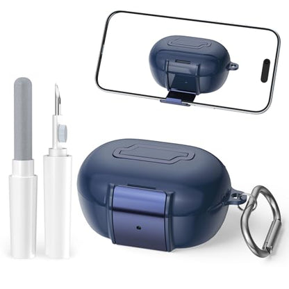 for Bose New QuietComfort Earbuds Case (2024), TPU Protective Cover with Phone Holder Stand & Double Safety Lock, Supports Wireless Charging, Includes Carabiner and Cleaning Pen (Navy Blue) - color: Navy Blue