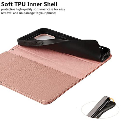 iCoverCase Compatible with iPhone 13 Pro Wallet Case with Credit Card Holder and Wrist Strap, RFID Blocking Genuine Leather Flip Magnetic Phone Cover 6.1 Inch (Pink) - color: 1-Pink (No Headphone Storage Belt), size: iPhone 13 Pro