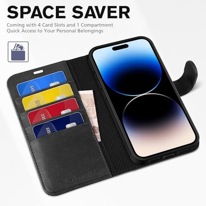 TUCCH Wallet Case for iPhone 14 Pro (6.1") 2022, 4 Card Slots, Black | RFID Blocking, Viewing Stand, Shockproof TPU Shell, PU Leather, Magnetic Closure, Protective Folio Flip Cover - color: Black