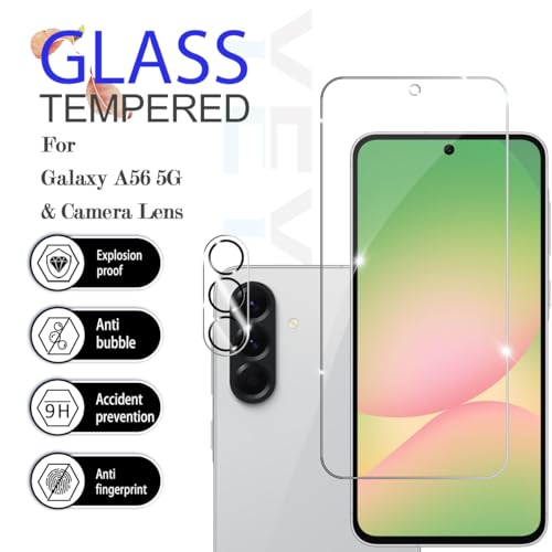 Galaxy A56 HD Clear Tempered Glass Screen Protector + Camera Lens Protectors, [2+2 Pack] [3D Glass] [Anti-Glare] [Bubble-Free] Screen Protector Glass For Samsung Galaxy A56 - size: Galaxy A56