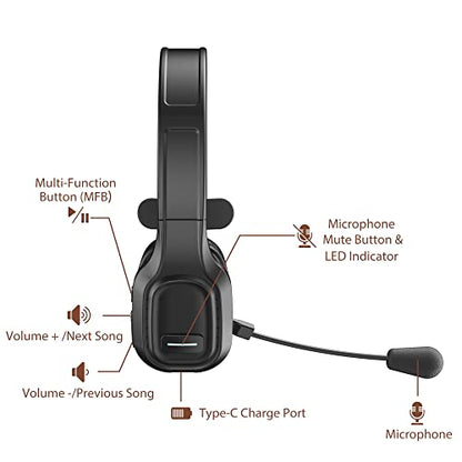 Trucker Bluetooth Headset V5.0, Wireless Headset with Noise Canceling&Mute Microphone for Cell Phones, On Ear Bluetooth Headphone for Computer, Zoom Meetings, Skype, Home Office - style: BH-M100