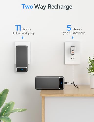 aonidi Portable Charger 20000mAh with Built-in Cables&AC Wall Plug, Black - color: Jet Black