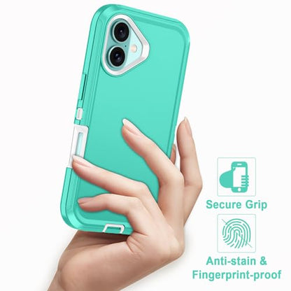 for iPhone 16 Case Heavy Duty Protective Shockproof Dropproof 3-Layer Full Body Protection [Without Screen Protector] Tough Rugged Cover for Apple iPhone 16 6.1 inch 2024,Teal/White - color: Teal/White