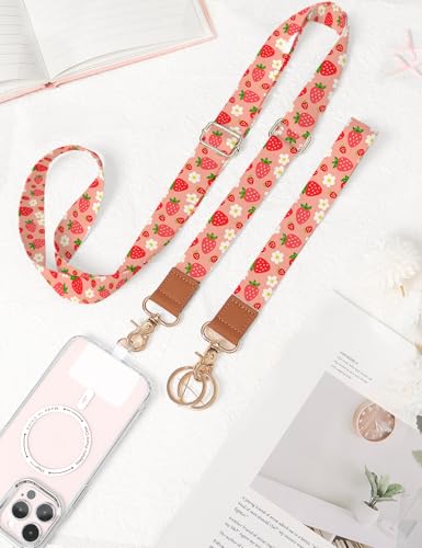Phone Lanyard Crossbody Strap, Adjustable Neck Strap and Wristlet Strap for Phone Wallet ID Badge with 2 Phone Tabs - color: Strawberry Flower