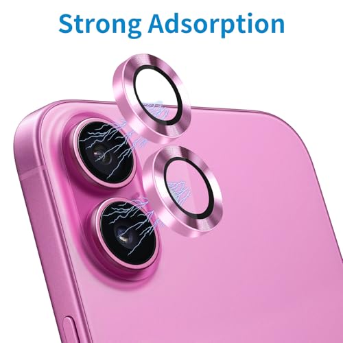 Designed for iPhone 16 and 16 Plus Camera Lens Protector, Metal Lens Cover 9H Tempered Glass Camera Cover Anti Scratch Shockproof Screen Protector - color: Pink