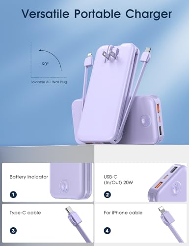 Nusyddy Portable Charger 10000mAh Fast Charging w/Built-in Wall Plug Purp. - color: Violet