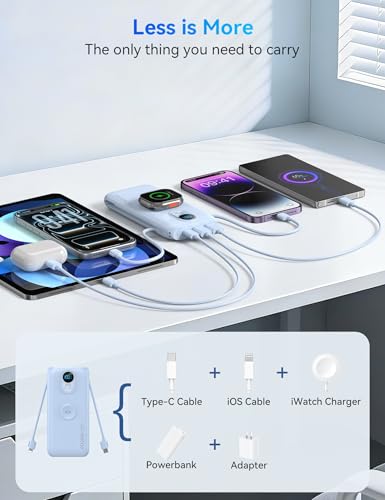 Portable Charger Power Bank 10000mAh PD20W w/Built-in Cables & AC Plug - color: LightBlue
