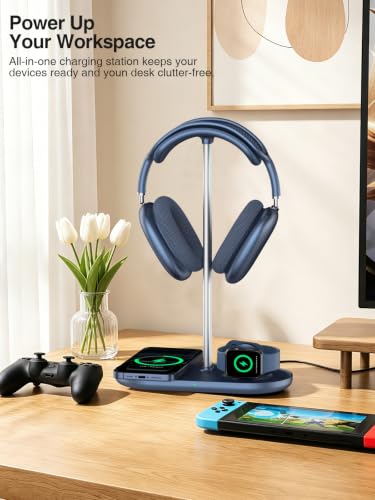 4 in 1 Headphone Stand, 15W Wireless Charger for Airpods/iPhone/iWatch - color: Blue
