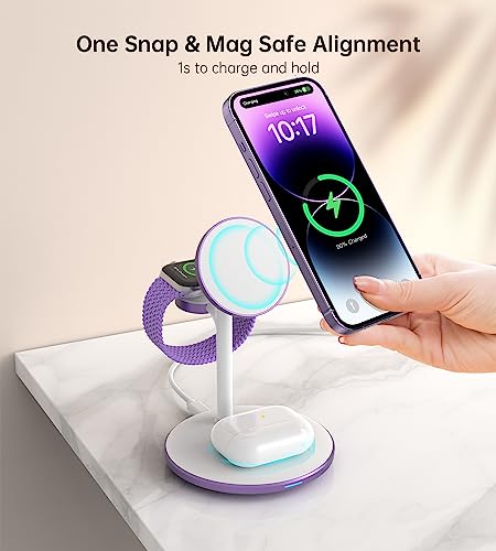 3 in 1 Magnetic Wireless Charging Station for Apple Devices,15W for Magsafe - color: Lavender Purple