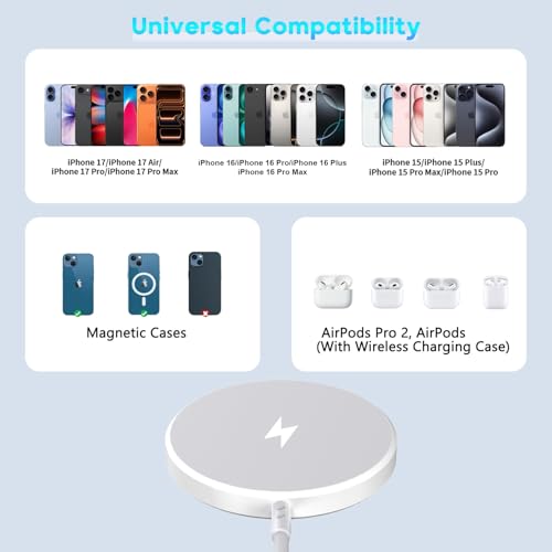 [Apple MFi Certified]Magnetic Wireless Charger for iPhone 17,10FT Long Mag-Safe Charger Wireless Fast Charging Pad Magnet Mag Safe Charge for iPhone 17 Pro Max/Air/16 Pro Max/16/15Pro/14/13/12,AirPods