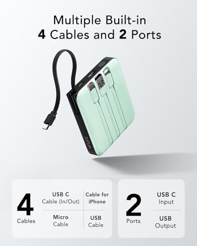 VRURC Portable Charger with Built-in Cable, 10000mAh 22.5W Fast Charging USB C Battery Pack, Cell Phone Power Bank for iPhone 17 16 15 Series Android Tablet (Green) - color: Green
