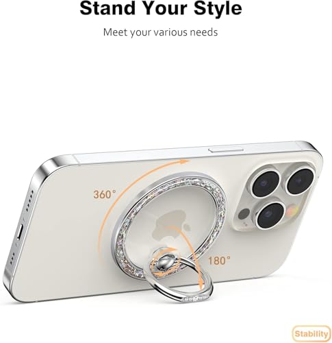 Allengel Magnetic Phone Grip for MagSafe, Magnetic Ring Holder Compatible with MagSafe Phone Ring, 360°Rotating Finger Kickstand for iPhone 16 Pro Max 15 14 13 12 Plus & Android Phone(Bling Silver) - color: Silver