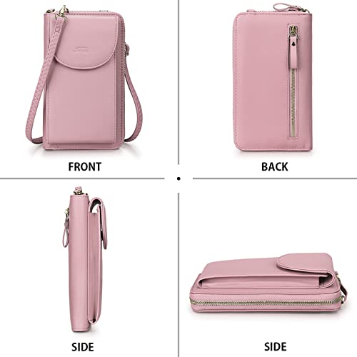 S-ZONE Small Crossbody Bags for Women Phone Purse RFID Blocking Wallet | Card Slots, Vegan Leather, Anti-theft, Multi Pockets, Detachable Adjustable Strap, Travel Eveyday Outing - color: Pink