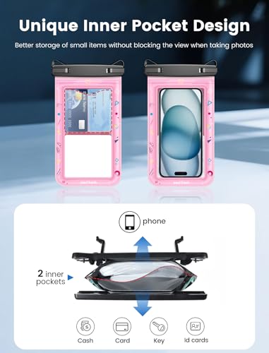 Paul Frank Waterproof Phone Pouch Floating, 2 Pack IPX8 Waterproof Phone Case with Lanyard for iPhone 17 16 15 14 Pro Max Galaxy S25 S24, Cellphone Dry Bag Beach Cruise Ship Essentials(up to 8.5") - color: Pink &Black