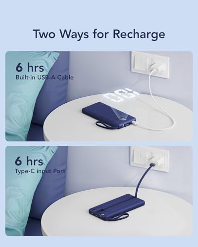VRURC Portable Charger, Built in 4 Cables & Lanyard Power Bank 10000mAh - color: Navy