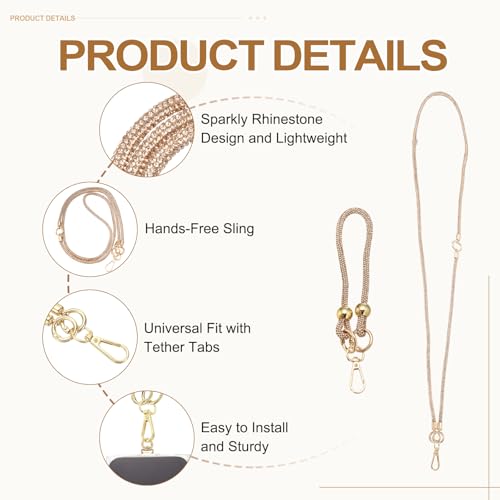 PATIKIL Crystal Phone Strap Crossbody Wrist Lanyard Phone Strap Rhinestone Cell Phone Lanyard Necklace with Tether Tabs - color: Champagne