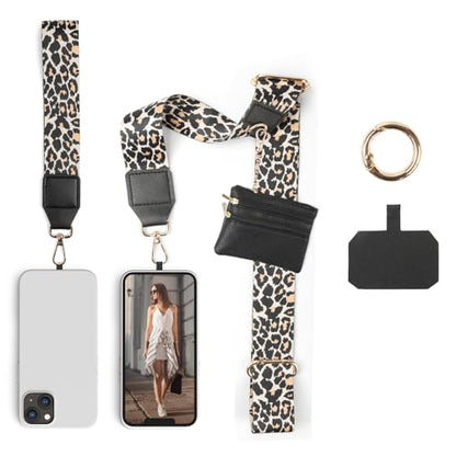 Clip and Go Phone Strap with Wallet Crossbody, Phone Chain Cross Body with Detachable Zippered Pouch, Phone Lanyard with Purse, Adjustable Mobile Strap(Leopard) - color: Leopard