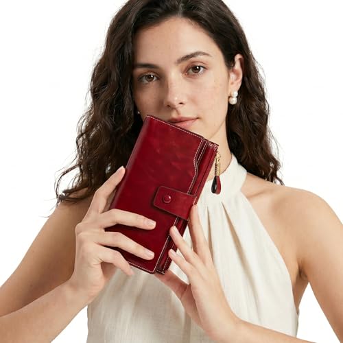 YALUXE Women's Real Leather Wallet RFID Protect 21 Card Slots Phone Pocket - color: 2- Waxed Red, size: Genuine Leather