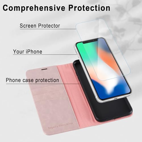 MONASAY Wallet Case for iPhone X/Xs with 3 Card Holders - Pinksand | Kickstand,RFID Blocking,6.6 feet of shock absorption,PU Leather,Strong Magnetic Closure,Fits 5.8 inch ONLY,screen Protector - color: Pinksand